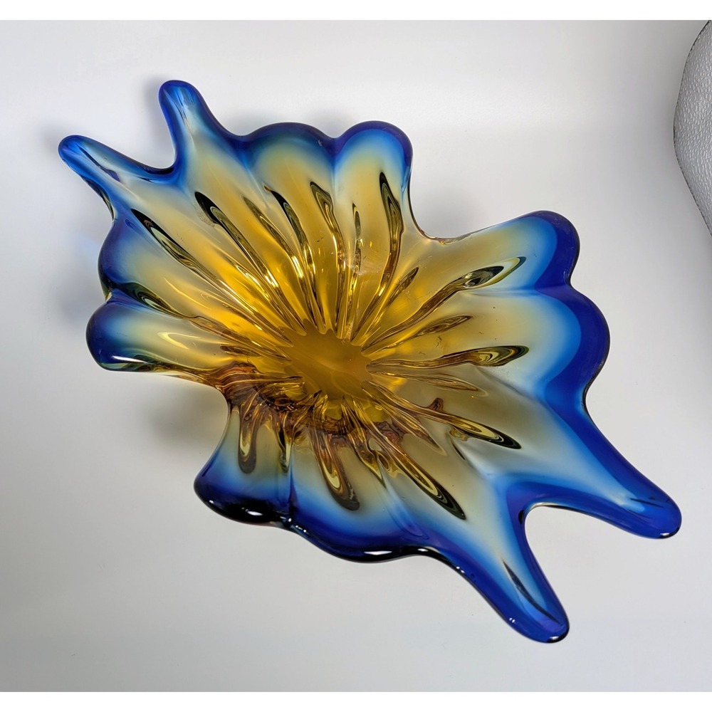 Vintage Murano Freeform Art Glass Cobalt Amber Bowl